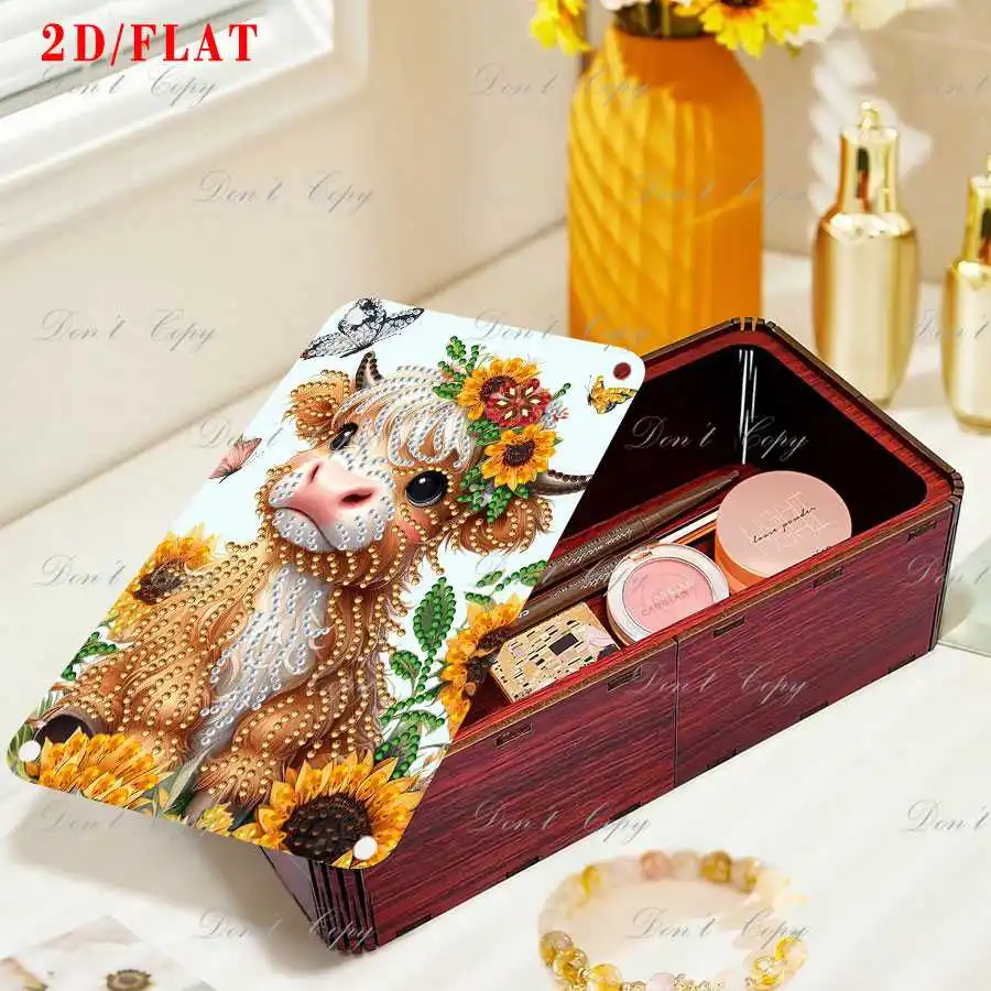 A set of diamond-encrusted red rectangular desktop storage boxes, decorated with creative spring floral and animal patterns.