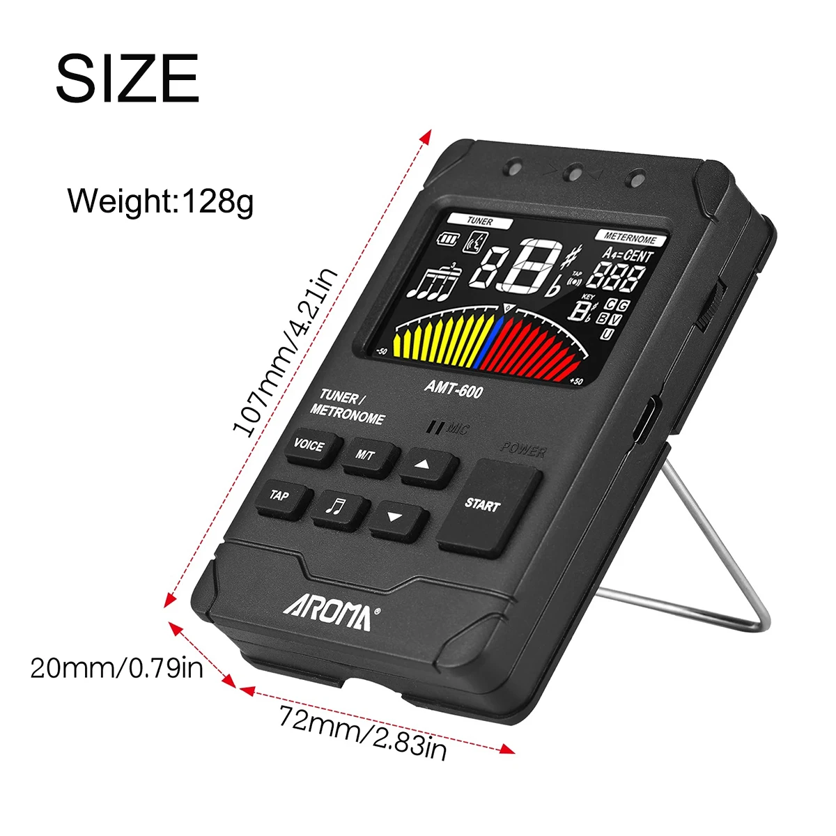 AROMA AMT-600 Digital Tuner Metronome Combo – 2.5″ LCD, Built-in Mic & Pickup, 5h Battery, Type-C, for Guitar/Bass/Ukulele
