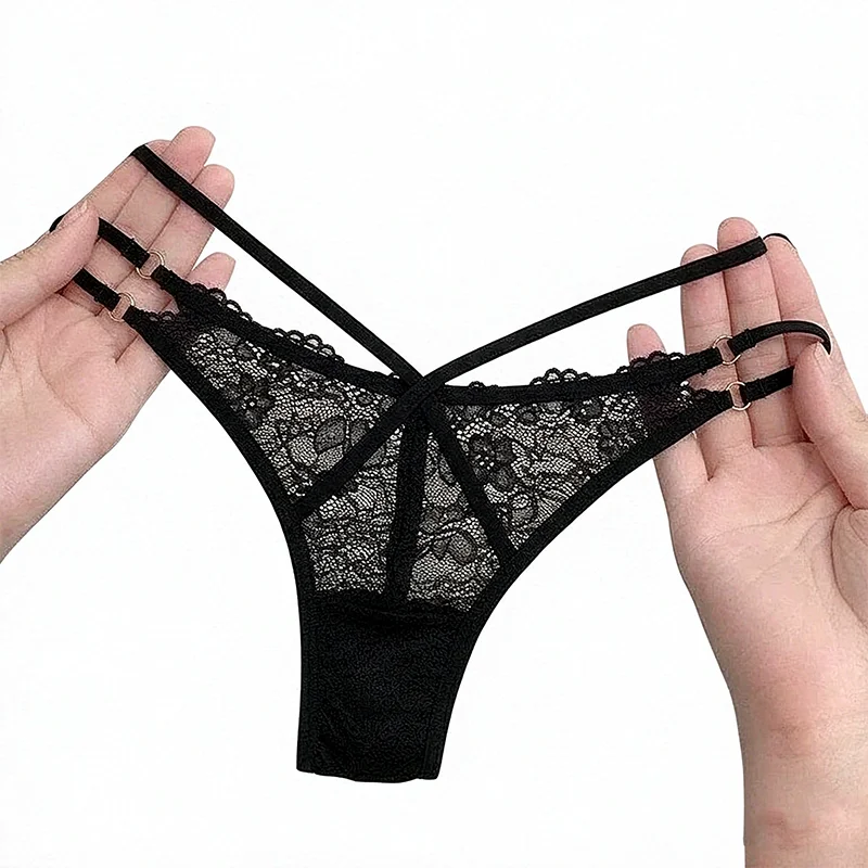 3Pcs Women Lace Thong Criss Cross Straps Gold Ring Low Waist Sheer Mesh Ladies G-string Underwear