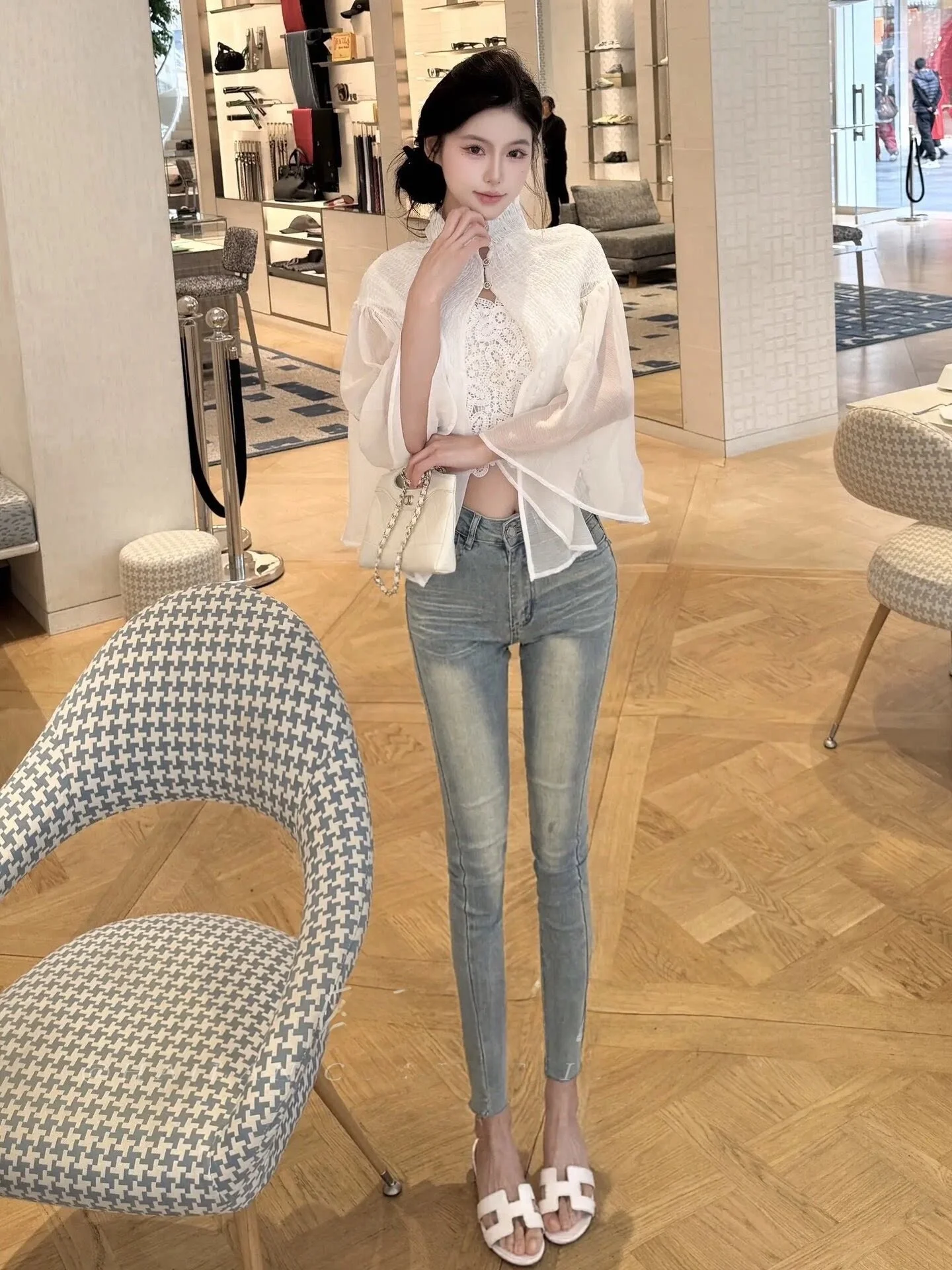 

Retro High Waist Nine-Piece Women's Jeans Highlight Bleach Built-In Hip Tightening Slimming Versatile Pencil Jeans