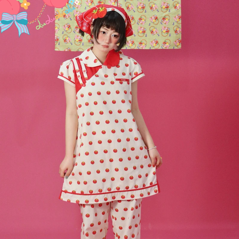 Original Design White Fruit Print Women's Short Dress 2025 Summer New Splicing New Chinese Doll Collar Cheongsam Dressses Ladies