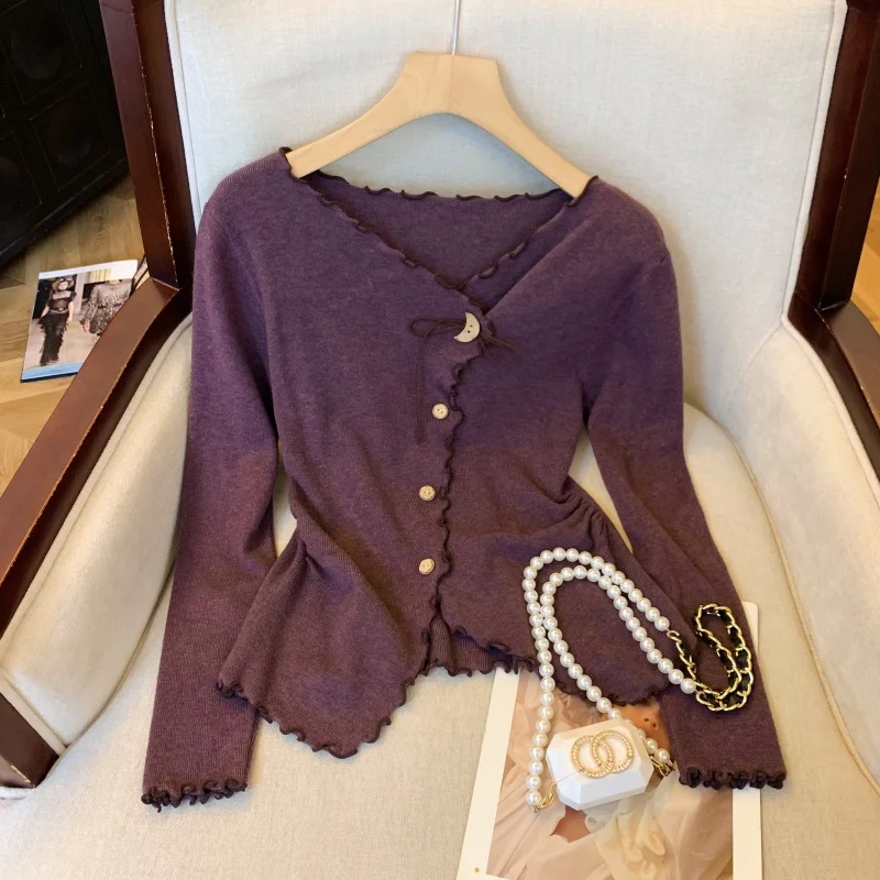 

Ele Вязаный открытый кардиган женский осенне-зимний новый длинный све асимметричный волнистый пояс с завязками Musoom и кружевной отделкой Sw...