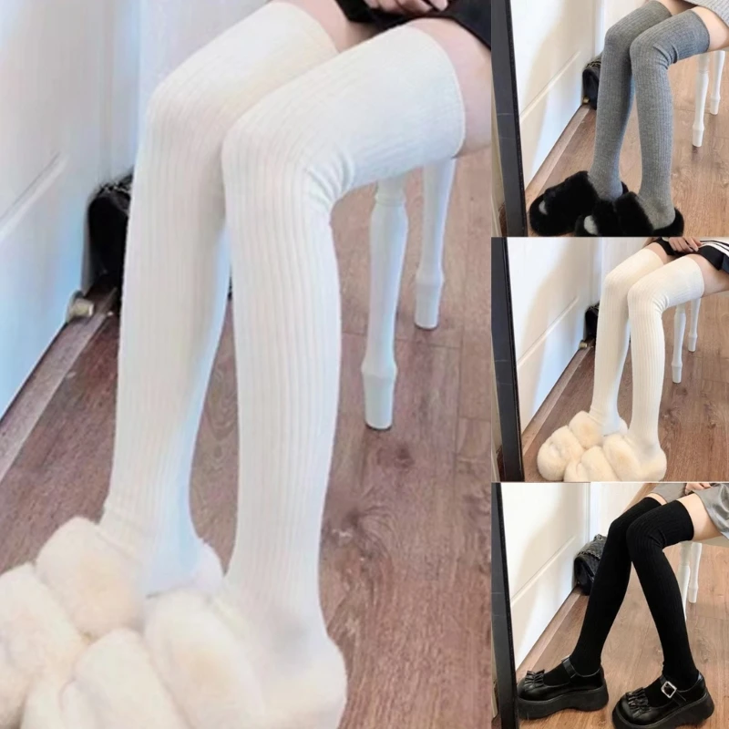 Japanese Women Thigh High Socks Solid Ribbed Knit Long Boot Stockings Leg Warmer Drop Shipping