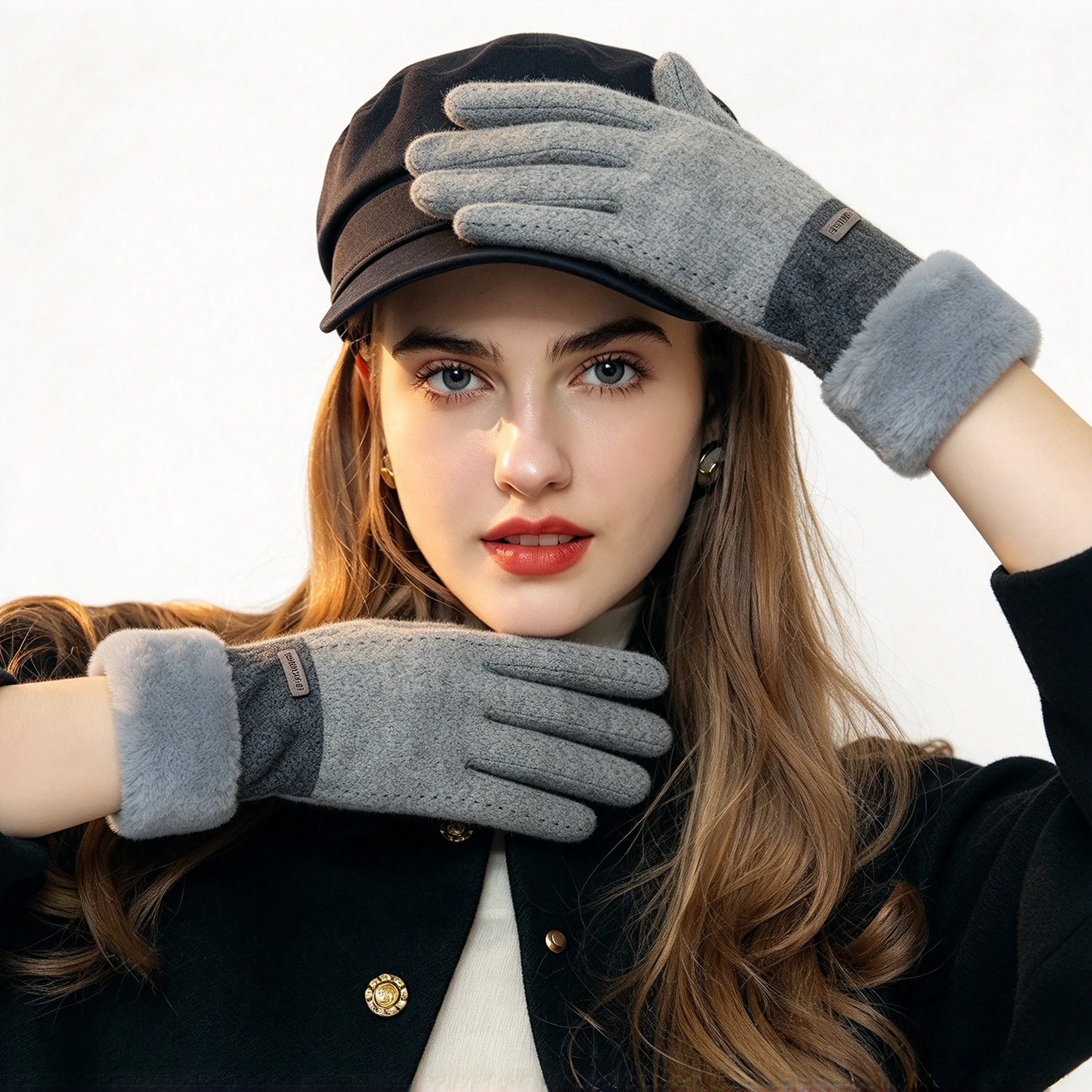 Women's Wool Touch Screen Gloves, Thick Fleece Lined Warm Gloves, Elegant Contrast Color Winter Gloves for Women Daily Wear
