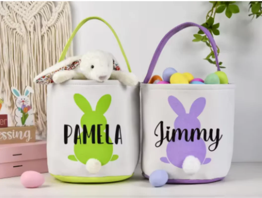 

Personalized Printing Easter Rabbit Basket Easter Egg Gift Decoration Plush Tail Storage Basket Handheld Bucket