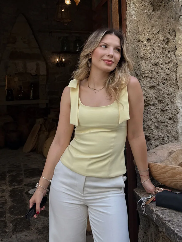 여성 여름 리본 스퀘어 넥 슬링 탑 여성용 신상 패션 섹시 민소매 하이 스트리트 사이드 지퍼 슬림 솔리드 탑