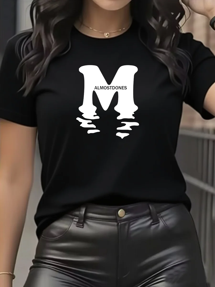 women‘s Summer 100% cotton fashionable casual sporty trendy letter pattern printed round-neck short-sleeved T-shirt top