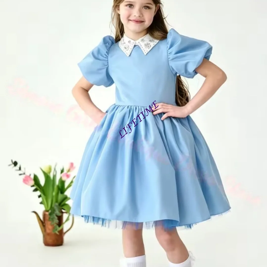 Customised Lovely puff sleeve Flower Girl Dress Fluffy Blue Satin for Wedding Little Girls Birthday Party Banquet Princess Gowns