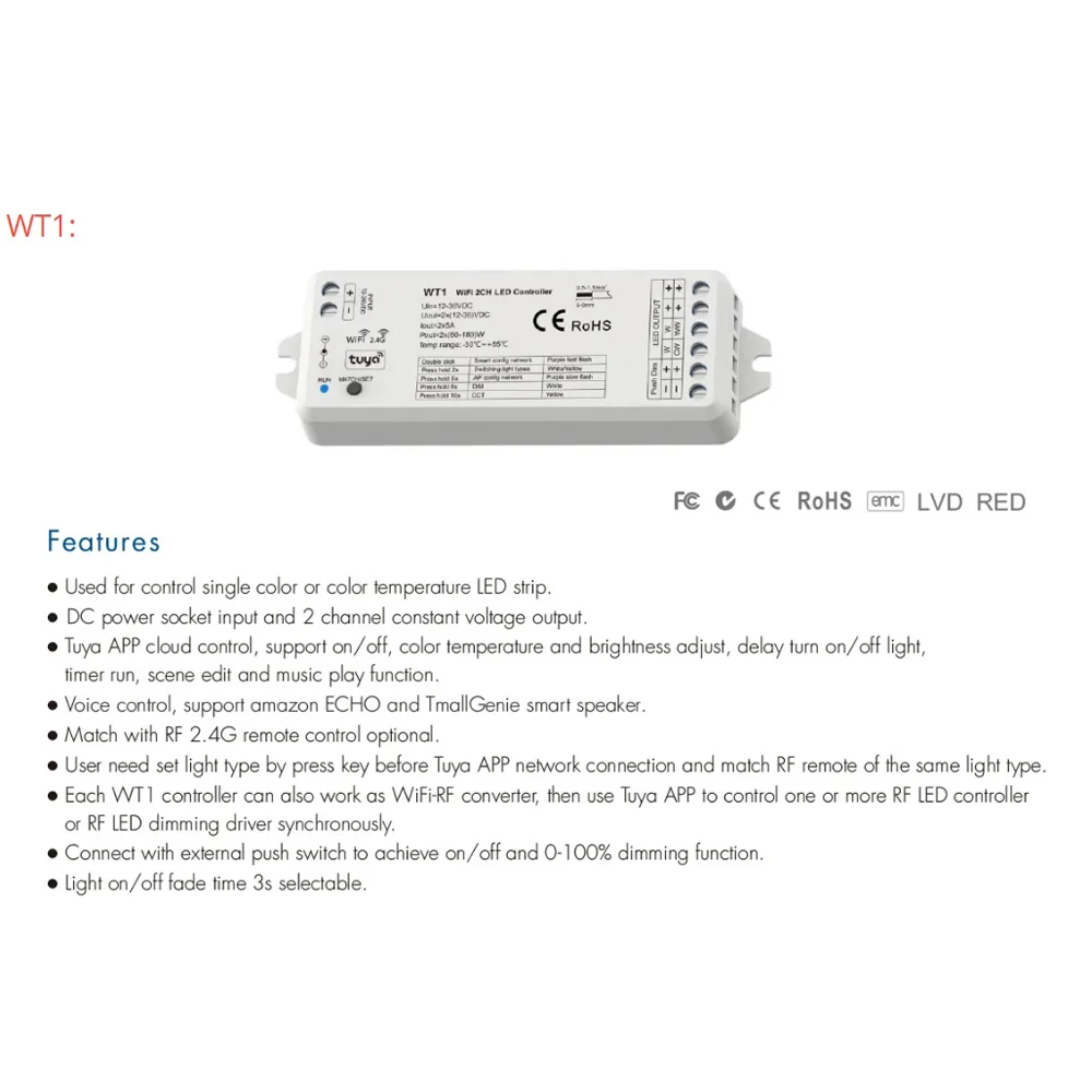 WiFi & RF LED Controller 2.4G dimming RF remote control WT1+R11 DC12-36V 2CH*5A WT1 Used for control single color LED strip