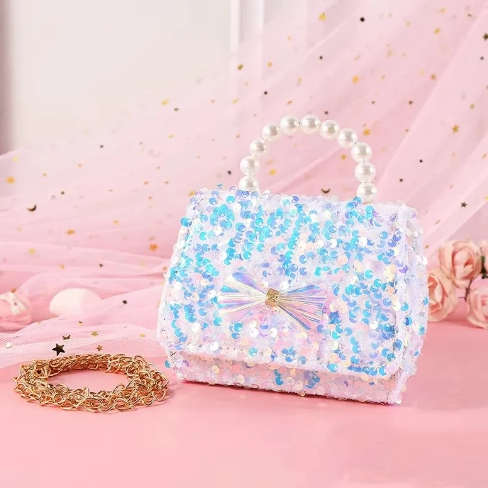 Cute Sequin Princess Crossbody Bag Glitter Pearl Handle Girls Purse Bowknot Detachable Strap Handbag
