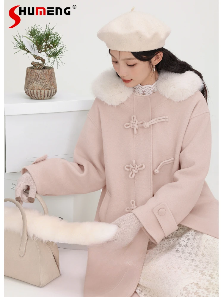 

Fashion Sweet Pink Coats Women's 2024 Autumn Winter New Double-sided Tweed Blends Women's Long-sleeve Pocket Trendy Woolen Coat