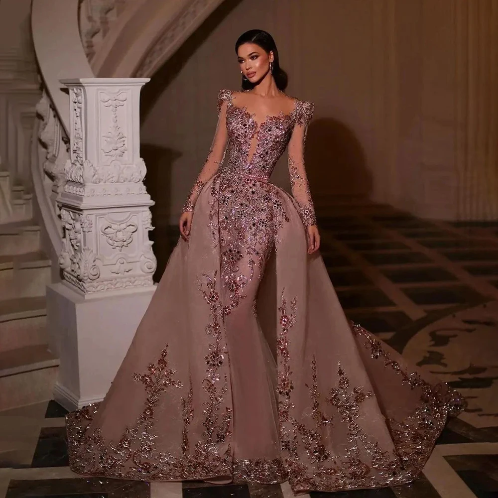 

Exquisite Pink Evening Dresses Elegant Sequined Appliques Mermaid Prom Gowns Fashion Sweep Train Women Wedding Party Dresses