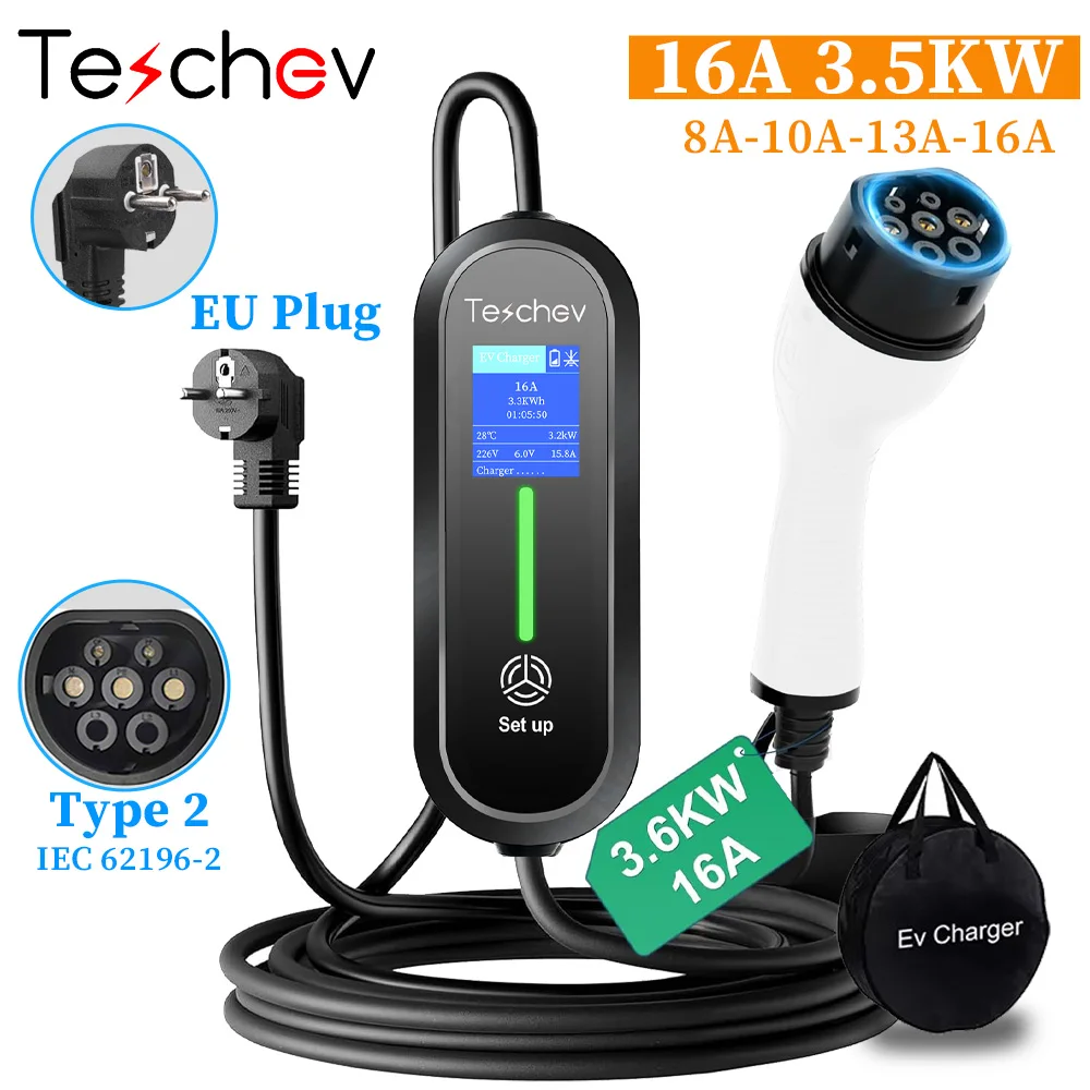 

Teschev 3.6KW Portable EV Charger Type2 16A 1Phase EVSE Charging for Electric Vehicle 220V 8A-10A-13A-16A Adjustable Current