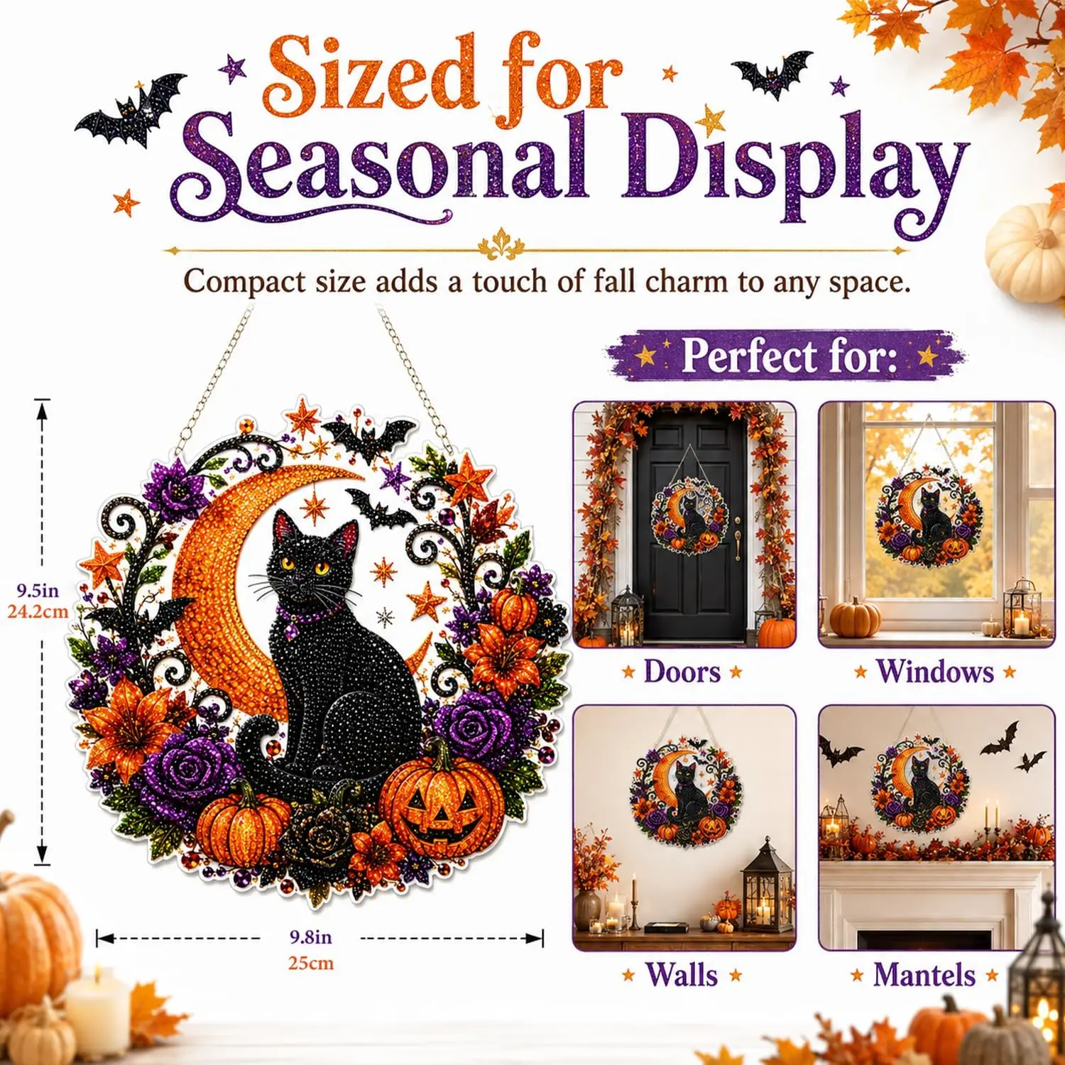 Halloween Pumpkins Diamond Art Hanging Ornament Kit for Adults 5D Black Cat Moon Pearl Art Kits DIY Special-Shaped Suncatcher Pe - view 3