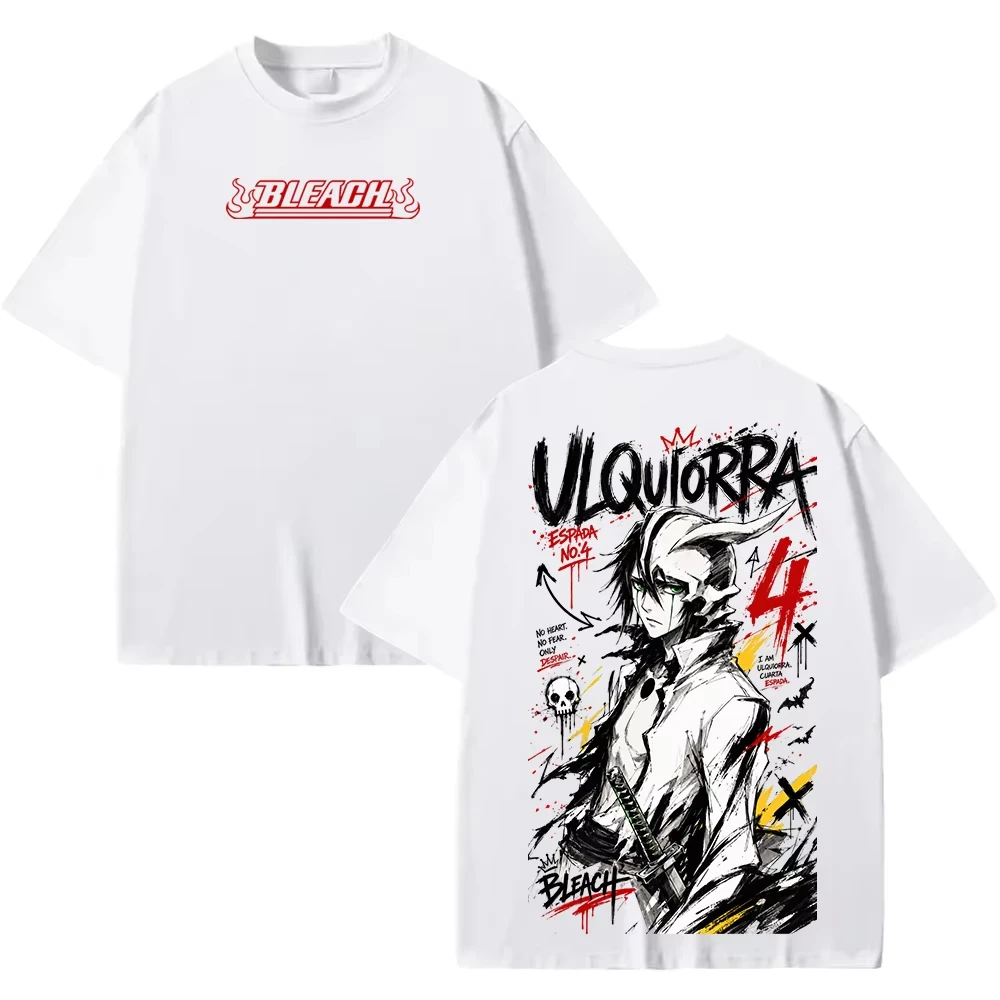 BLEACH Ulquiorra Anime Print Unisex Cotton T-Shirt, Street Vintage Pattern Front Back Double Print Loose Short Sleeve T-Shirt