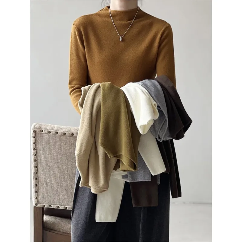 Johnature Korean Simple Half-turtleneck Tops Women New Spring Autumn 2024 Simple Render Knitted Warm Casual Loose Sweaters