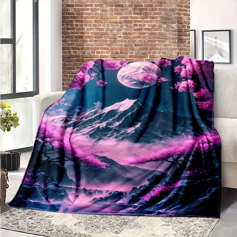 Multifunctional Mount Fuji Blanket - Lightweight Flannel All-Season Sofa Bed Throw with Cherry Blossom & Mountain Night Sky