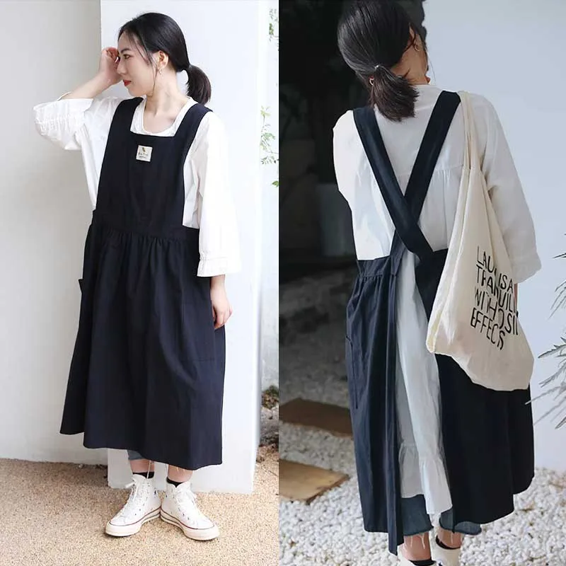 Long Large Pleated Cotton Waterproof Apron Kitchen Women\'s Cross-back Oilproof Stain-resistant Pinafore Smock For Cooking Baking