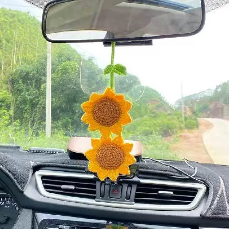 Mushroom Sunflower Car Accessories, Crochet Ornament, Cute Car Decorations for Women Men Handmade Hanging Home Crochet Decor