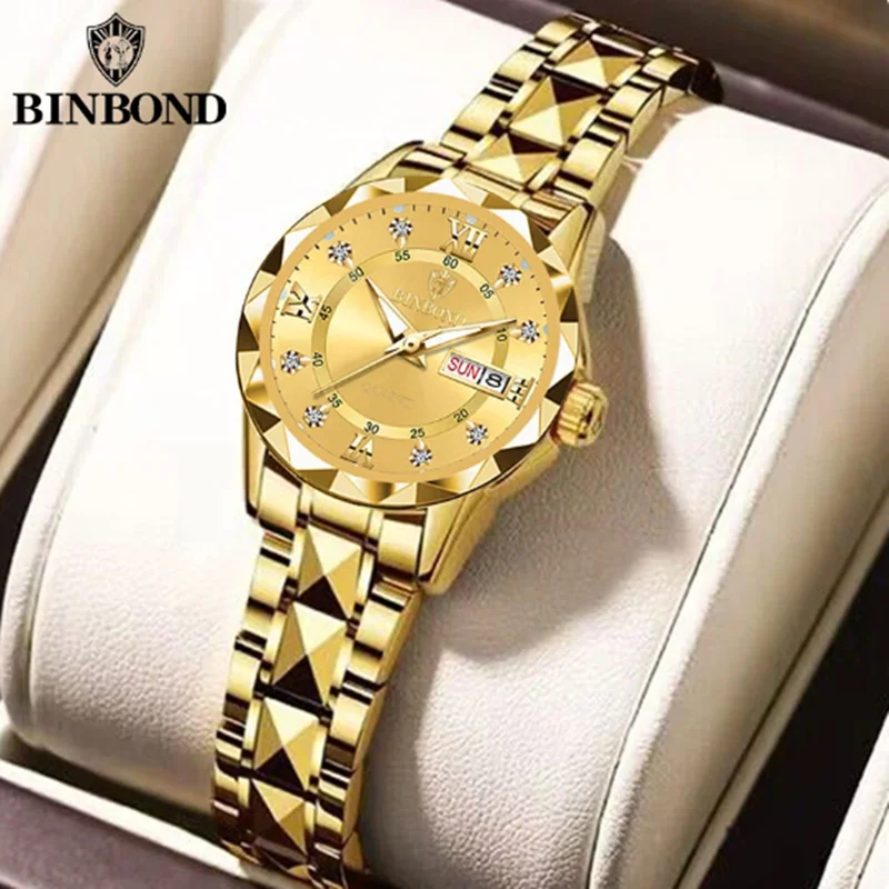 BINBOND 2522 Fashion Women's Quartz Watch Tungsten Steel Timer Double Calendar Waterproof Night Light Couple Watch