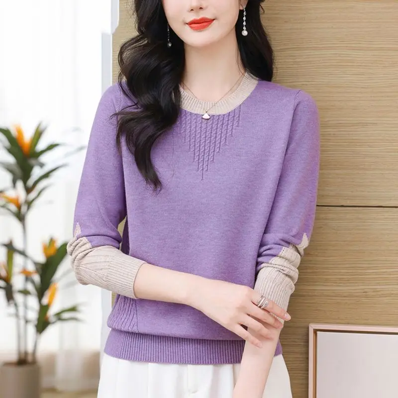 O-Neck Pullover Long Sleeve Sweater Knitted Women\'s Clothing Casual Commute Screw Thread Autumn Winter Contrast Color Tops