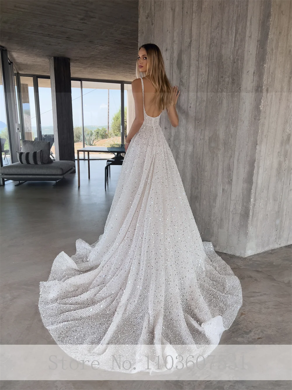 Elegante vestido de novia plisado con lentejuelas para mujer, brillante con cuello cuadrado vestido de novia, corte de línea A, Espalda descubierta, vestido de fiesta de boda