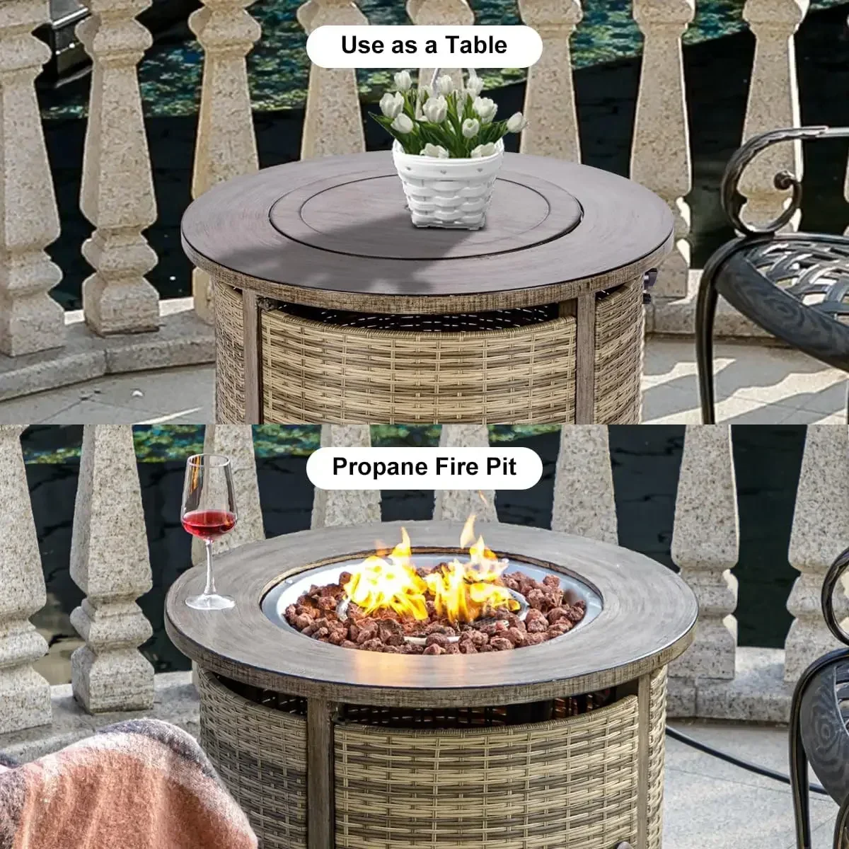

Wicker Gas Fire Pits Table with Lid & Lava Rocks, 32 inch Propane Fire Pit Table,50000 BTU Round Propane Firepit for Outside