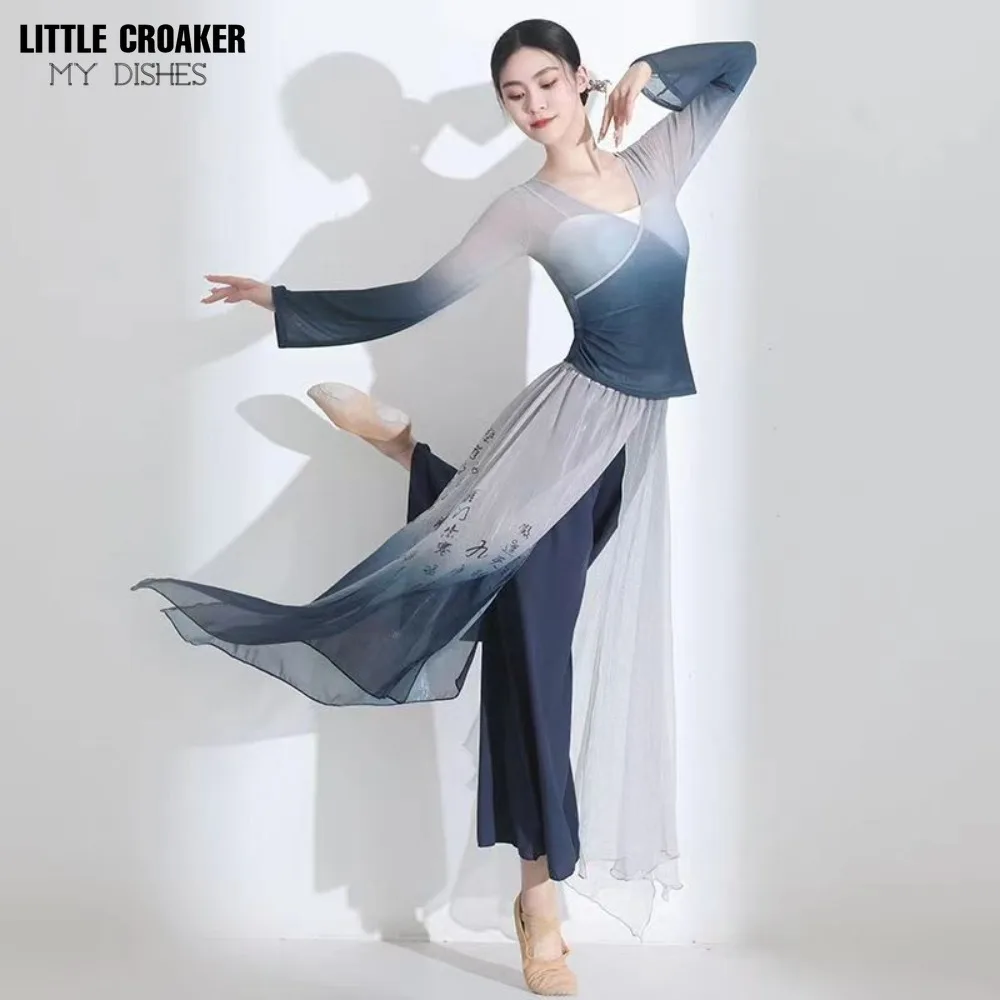 Costume de séparés euse en gaze de style chinois pour la pratique de la danse classique, haut Hanfu, jupe imprimée en maille, pantalon, tenue