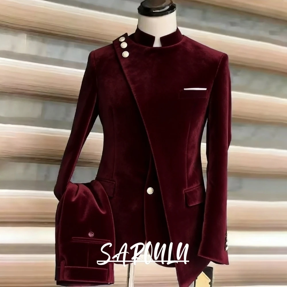 Oriental Style Men's Stand Collar Suit Chic Oblique Placket Velvet Slim Fit Blazer Pants Set For Business Banquet Formal Wear
