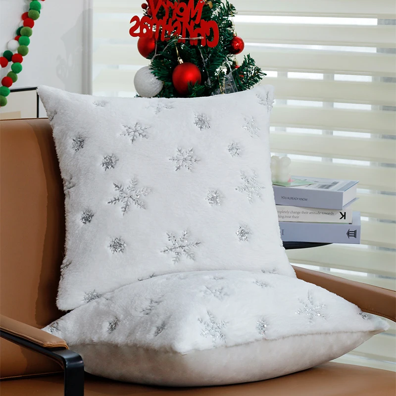 

Plush Cushion Cover White Silver 45x45cm Christmas Home Decorative Pillow Cover Christmas Supplies for Living Room Snowflake