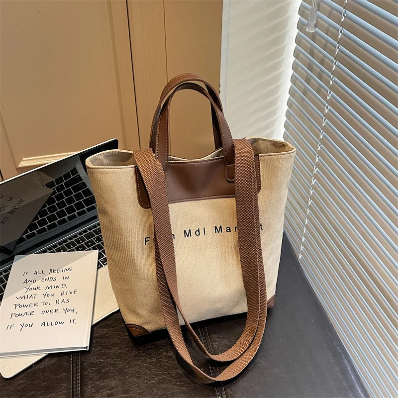 

New Fashion Canvas Casual and Simple Tote Bag Women Large Capacity Shoulder Bag Fashionable and Versatile Commuting Shopping Bag