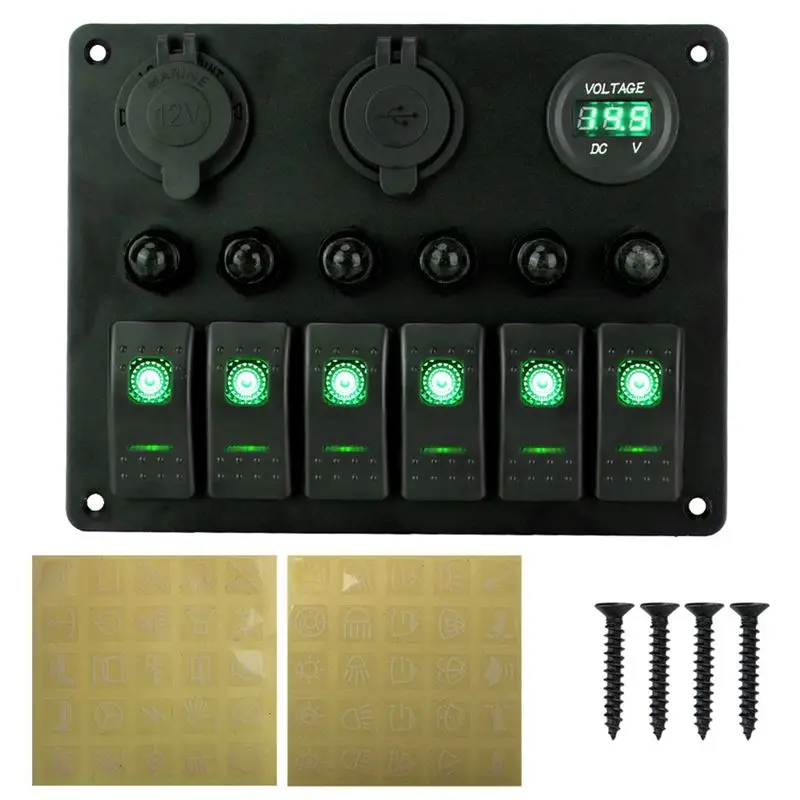 

Универсальная автомобильная/автодомовая панель с 6 переключателями 12/24В, вольтметр, USB, тестер цепей, выключатель света