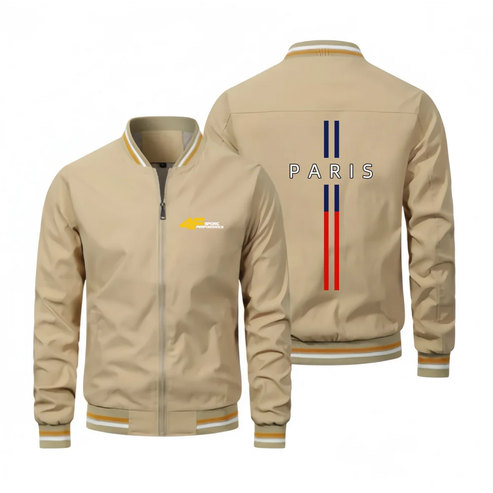 2026 New Men Fashion Striped Rib Collar Zip Up Jacket Letter Vertical Line Print Back Casual Lightweight Windbreaker Male Daily