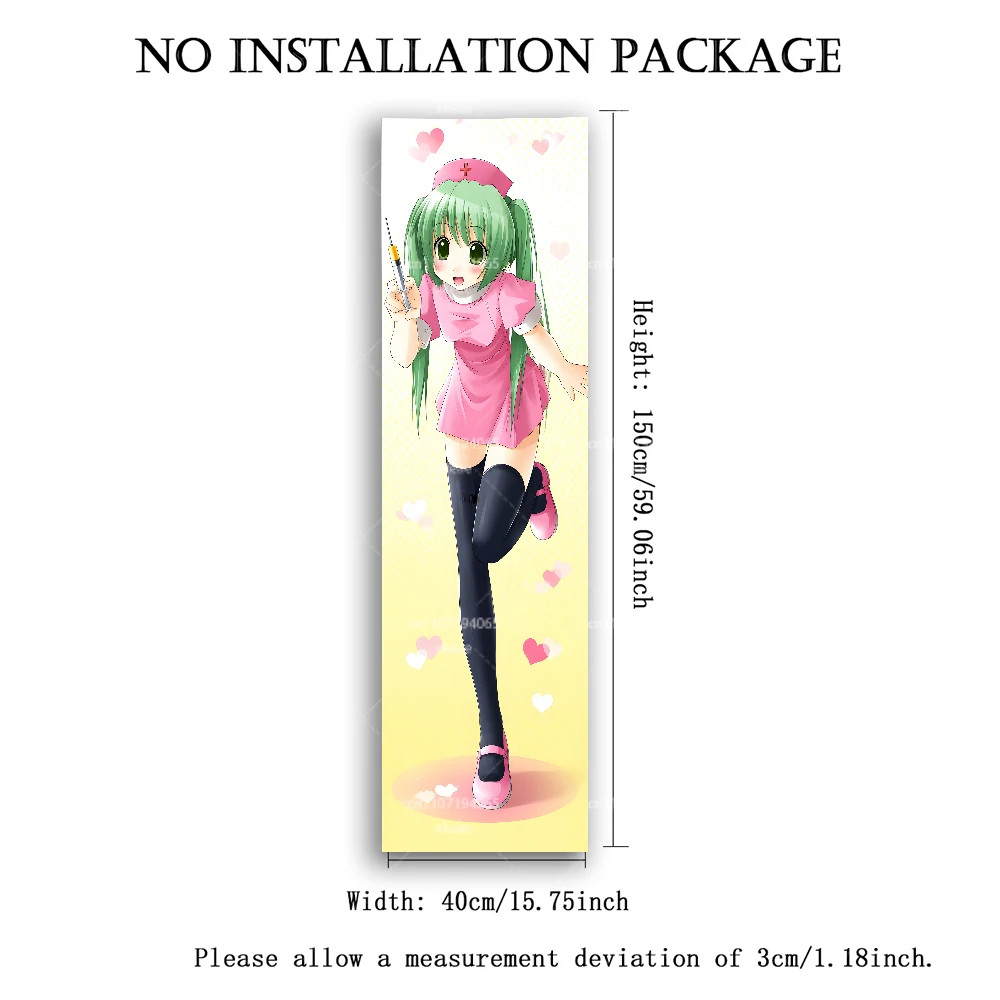 Green Twin Tails Nurse Anime Girl Vertical Tapestry, Pink Heart Gradient Long Wall Hanging Bedroom Door Decor