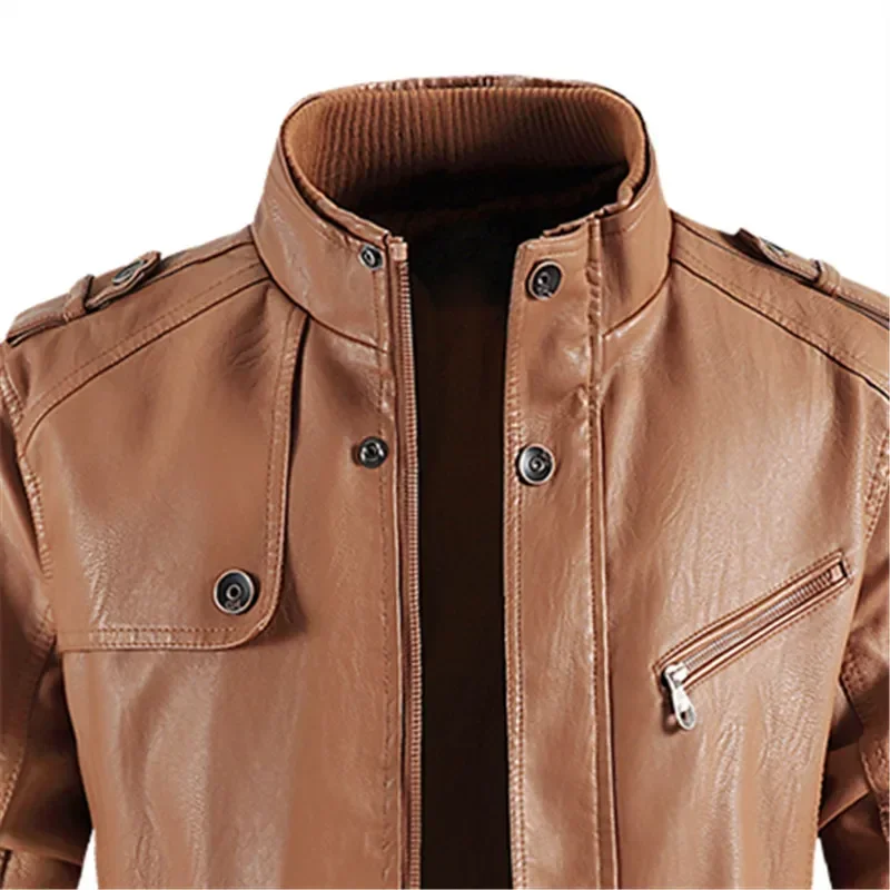 

Man Clothing Winter Long PU Leather Jackets Men Stand Collar Windbreaker Leather Coats Faux Motorcycle Casual Warm Leather Coats