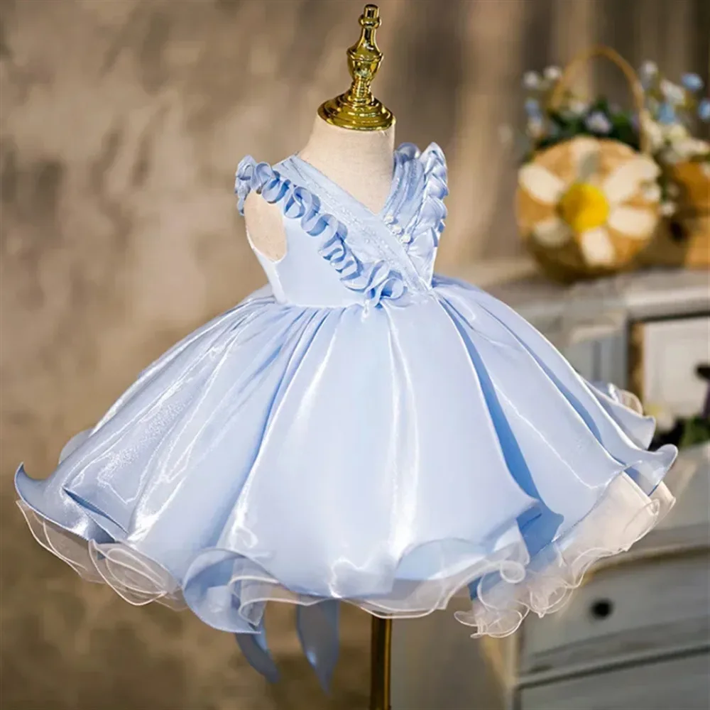 

Customized Elegant Flower Girl Wedding Dress Sleeveless Tiered Pleated Bow Pearls Princess Birthday Party First Communion Gown