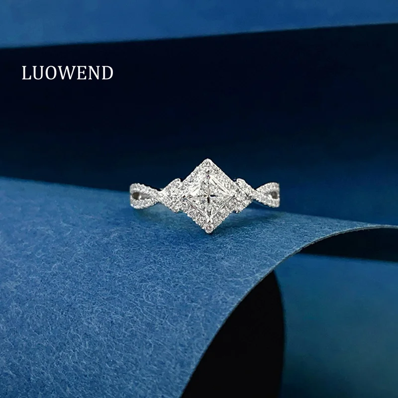 LUOWEND 100% 18K White Gold Rings Luxury Square Shape Real Natural Diamond Engagement Ring for Women High Wedding Jewelry