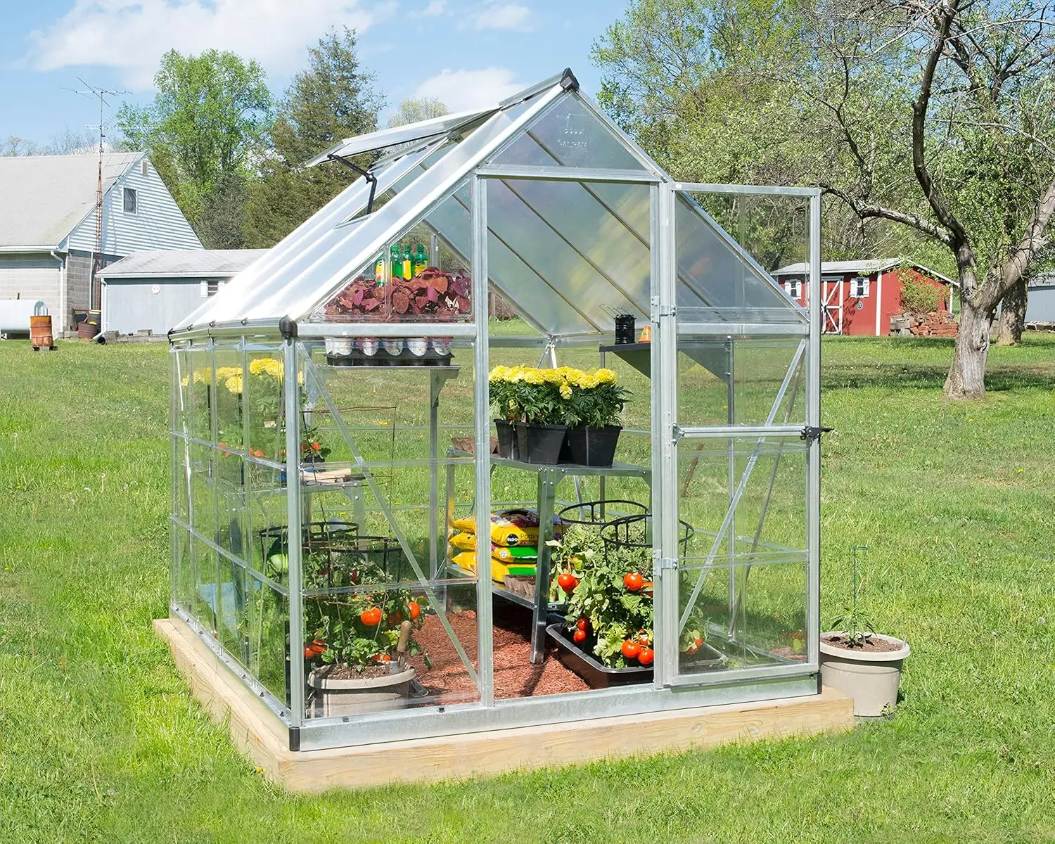 Palram Canopia Greenhouse Kit 6' X 8' Hobby Walk-In Polycarbonate Heavy Duty Aluminum Frame Lockable Door ,Plant Hangers And