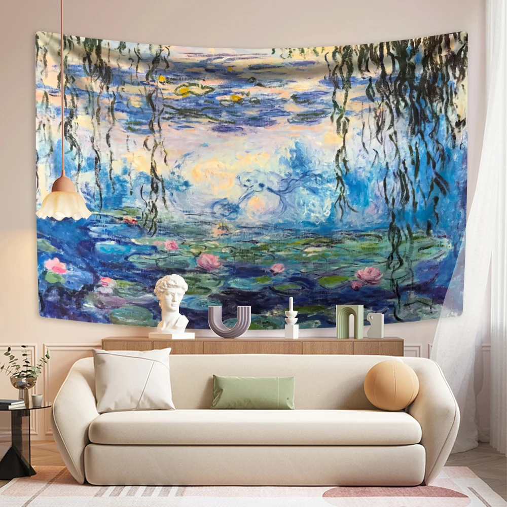 Monet Impressionism Oil Painting Tapestry Water Lily Printed Room Decors Aesthetic Wall Hanging Living Room Background