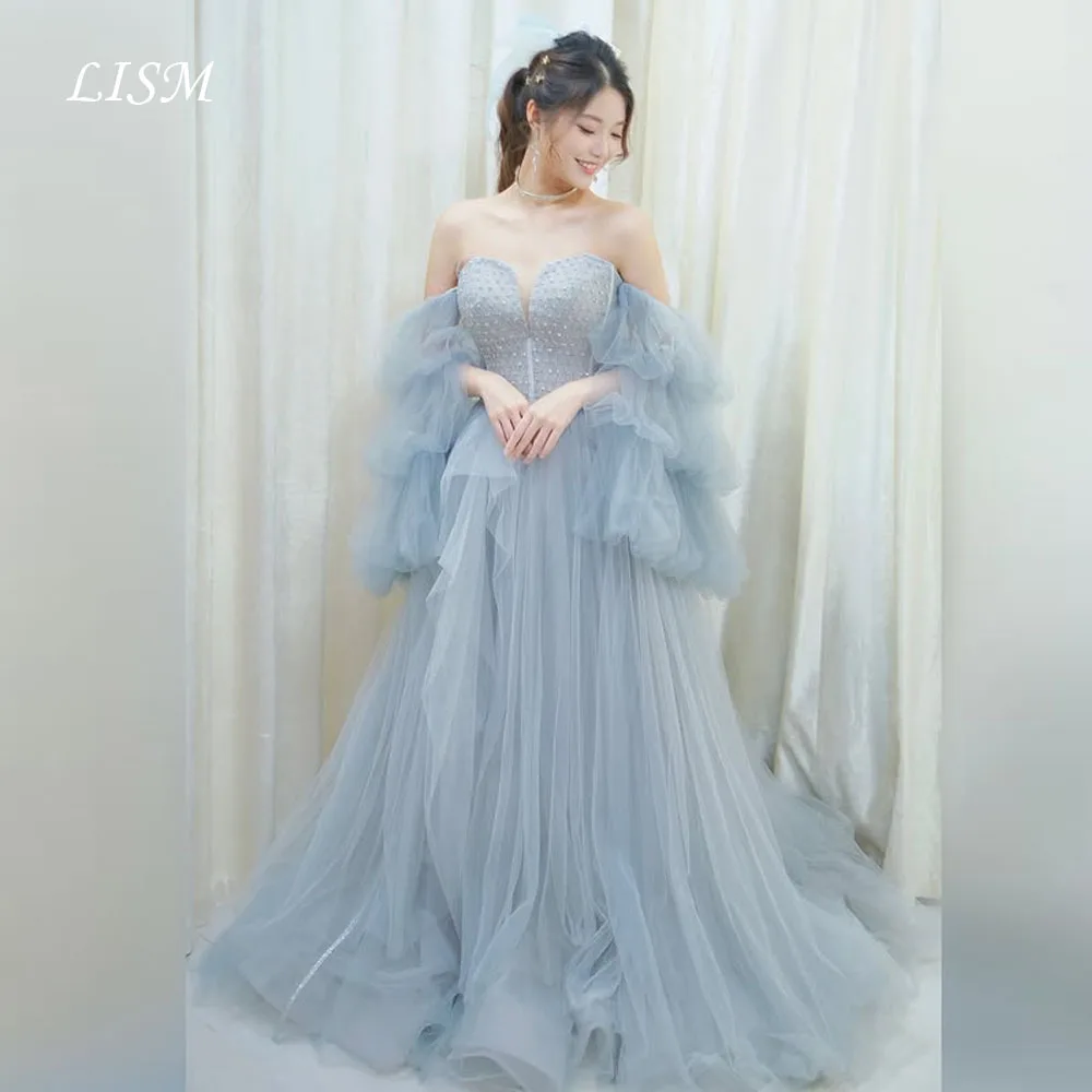 

LISM Синие милые корейские вечерние платья с длинными рукавами для фотосессии Шелковый тюль Фея Элегантные длинные платья для выпускного вечера 저 Xo레스