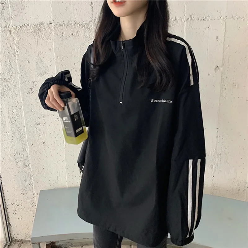 Ulzzang Hoodie Women Loose Korean Sle BF Idle Sle round Neck Stripe Spring and Autumn Thin Super Popular CEC Outerwear Ho...