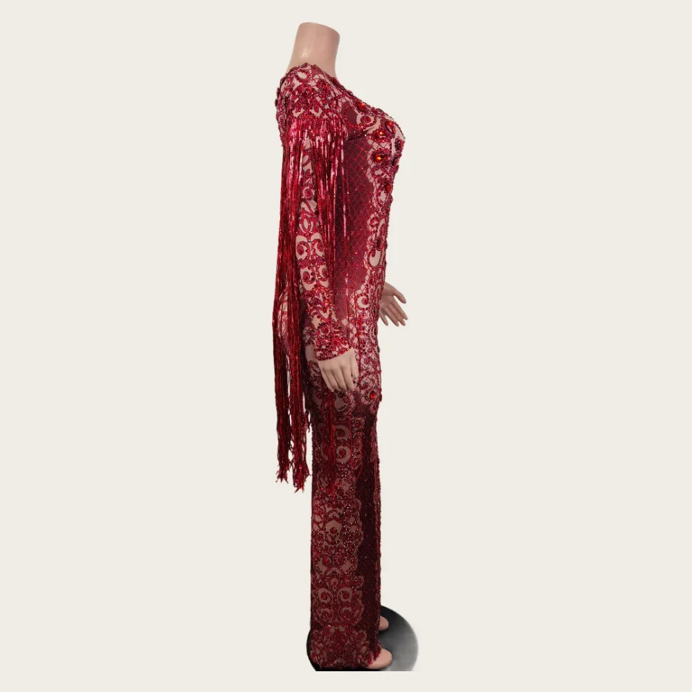 Elegant Long Sleeve Red Tassel Rhinestone Evening Gown Dresses Women Singer Stage Costume Bodycon Birthday Wedding Party Dress