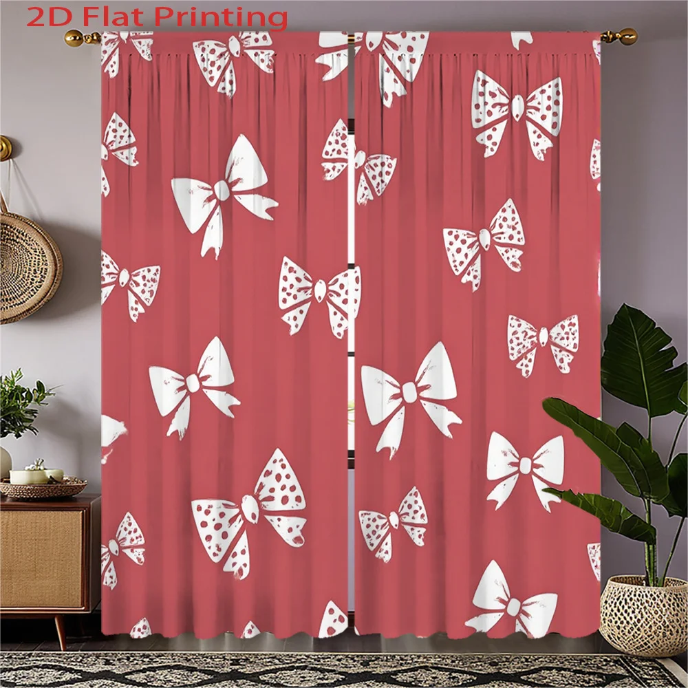 2pcs, 2D Flat Printing Curtains Red Background with White Bowknots Pattern for Amazon US, Rod Pocket Velvet Fabric Wind