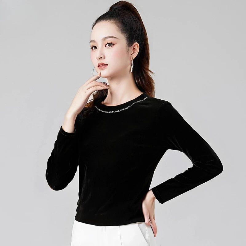 여성을 위한 새로운 라틴 모던 댄스 연습복 - 성인 볼룸 및 소셜 댄스를 위한 편안한 핏의 긴 소매 벨벳 탑