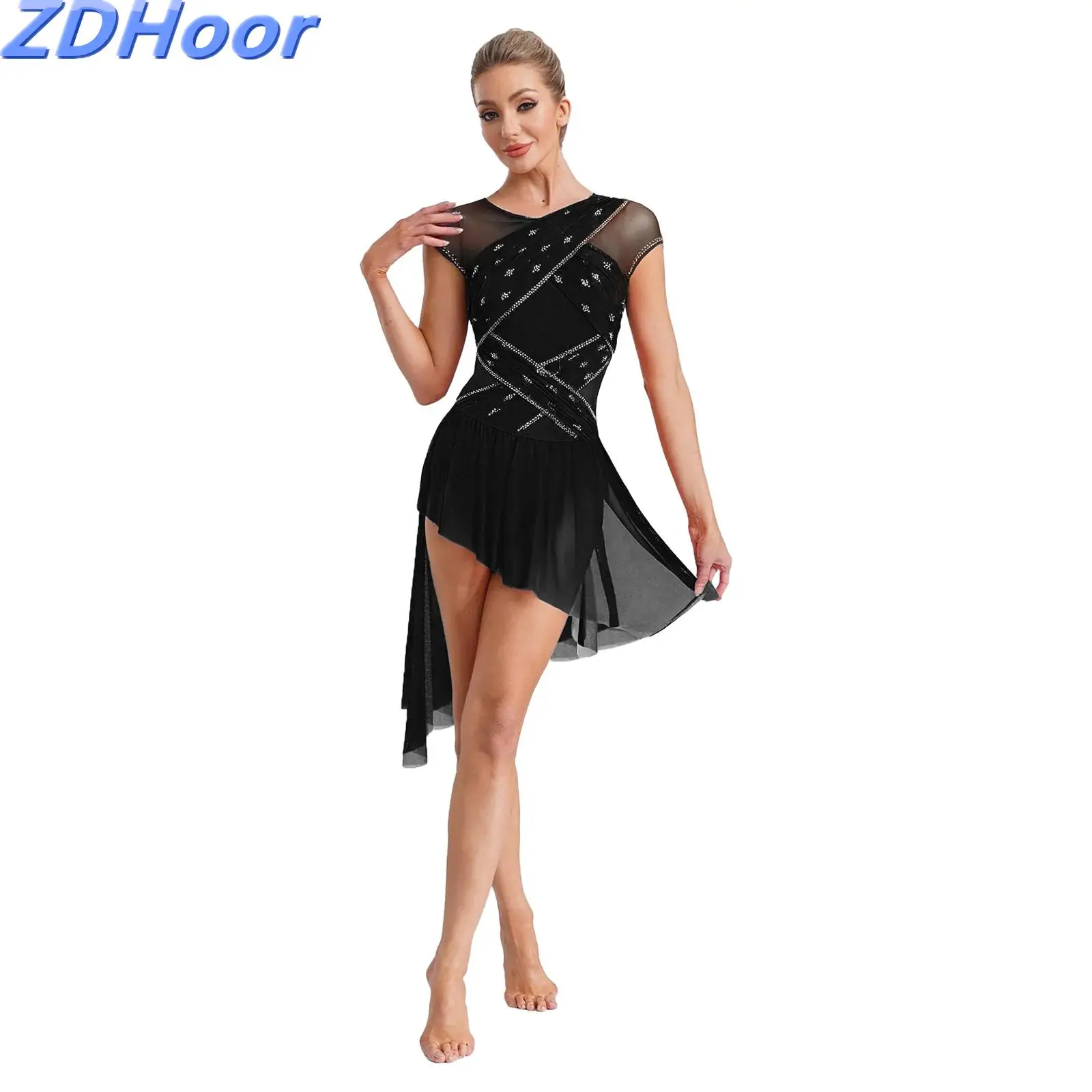 여성용 댄스 레오타드 드레스 주름 메쉬 오버레이와 라인스톤 불규칙한 밑단 크로치 바디수트 피겨 스케이팅 드레스