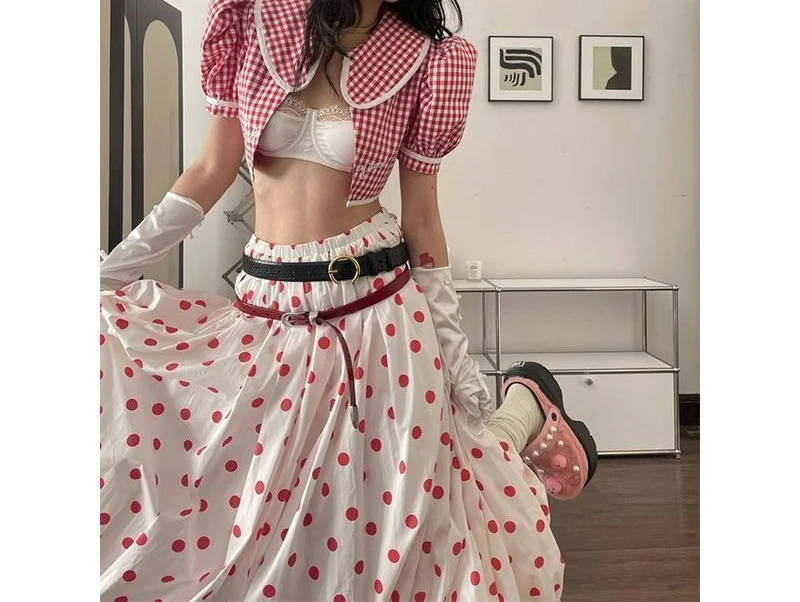 2026 New Polka Dot Fluffy Bud Long Dress Red Polka Dot Bubble Skirt Women's Loose Big Swing Skirt