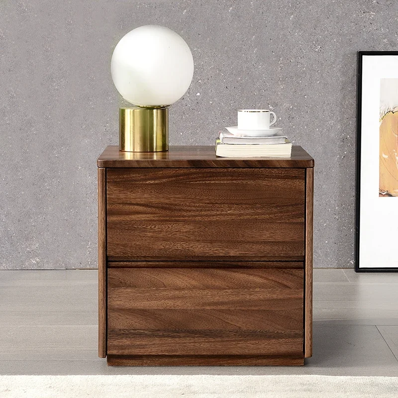 All Solid Wood Black Walnut Bedside Cabinet – Italian Light Luxury Eco-Friendly Wood Wax Oil Double Drawer Design