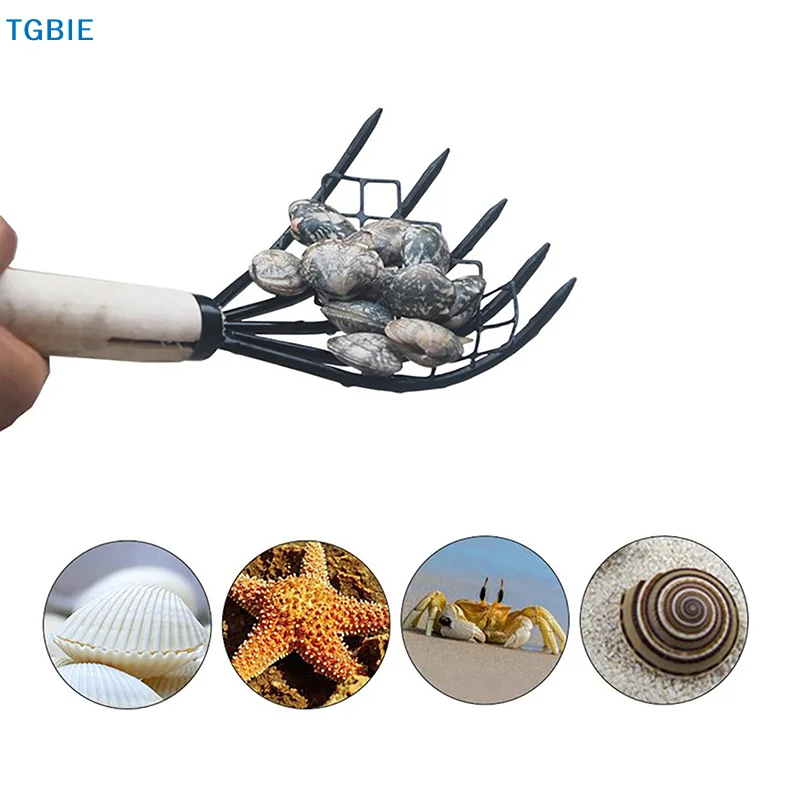 [TL]【TL】Clam Rake With Net 5 Claw Wood Handle Rake Shell Digging Tool Dig Seafood Accessories Weeding Farming Tool