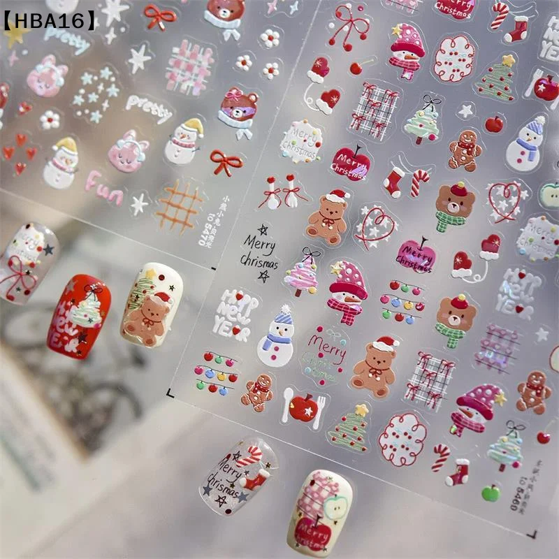 ómHBA16 Parque Kerstboom Sneeuwpop Beer Konijntje Dieren Nagelstickers Elegante vrouwen Vlamend hart DIY Nail Art Sticker Manicure Deca
