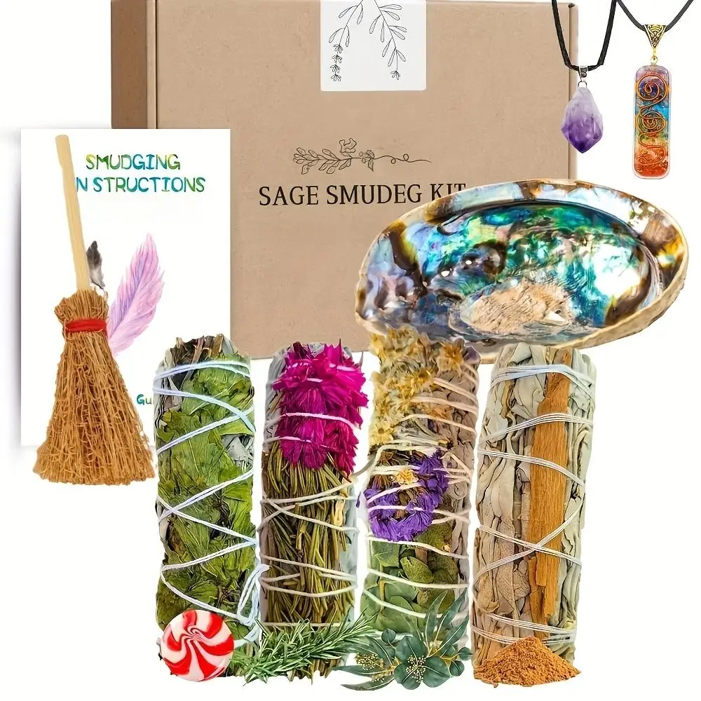 Teacher Appreciation White Sage Smudge Kit with Chakra Pendant, 4 Herb Bundles (Cinnamon, Mint, Eucalyptus, Rosemary), Abalone Shell, Mini Broom & Necklace, Complete Space Cleansing Set for Fall Home Decor & Halloween Gifts